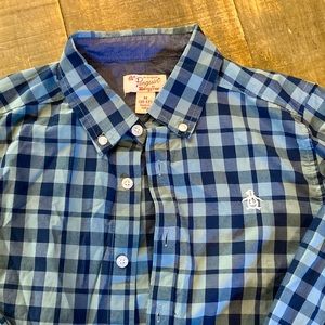 Penguin Boys Blue Plaid Button Down Shirt (Size M 10-12)